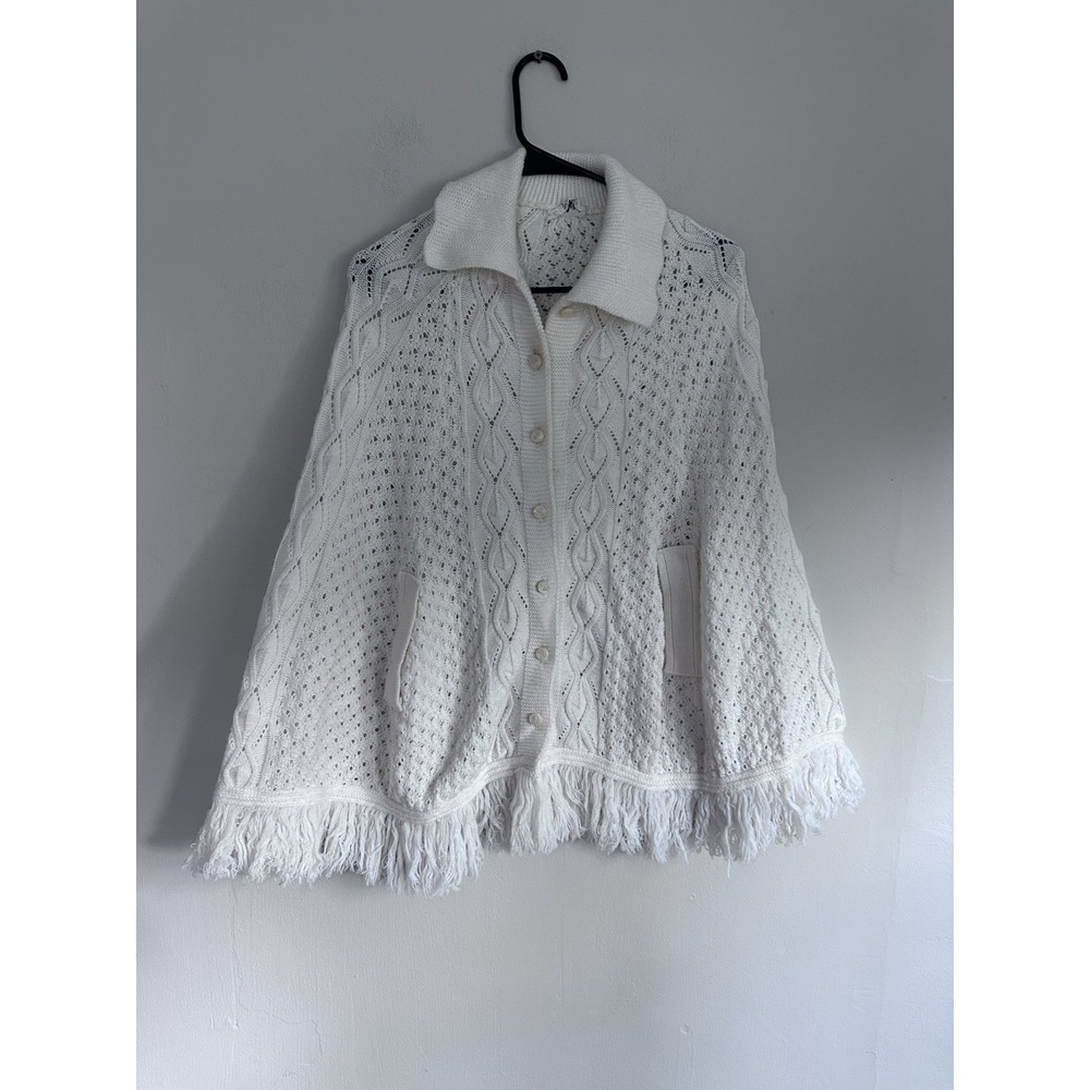 Vintage 70s Ivory Sweater One Size Poncho Cape Shawl Cardigan Knit Cottagecore